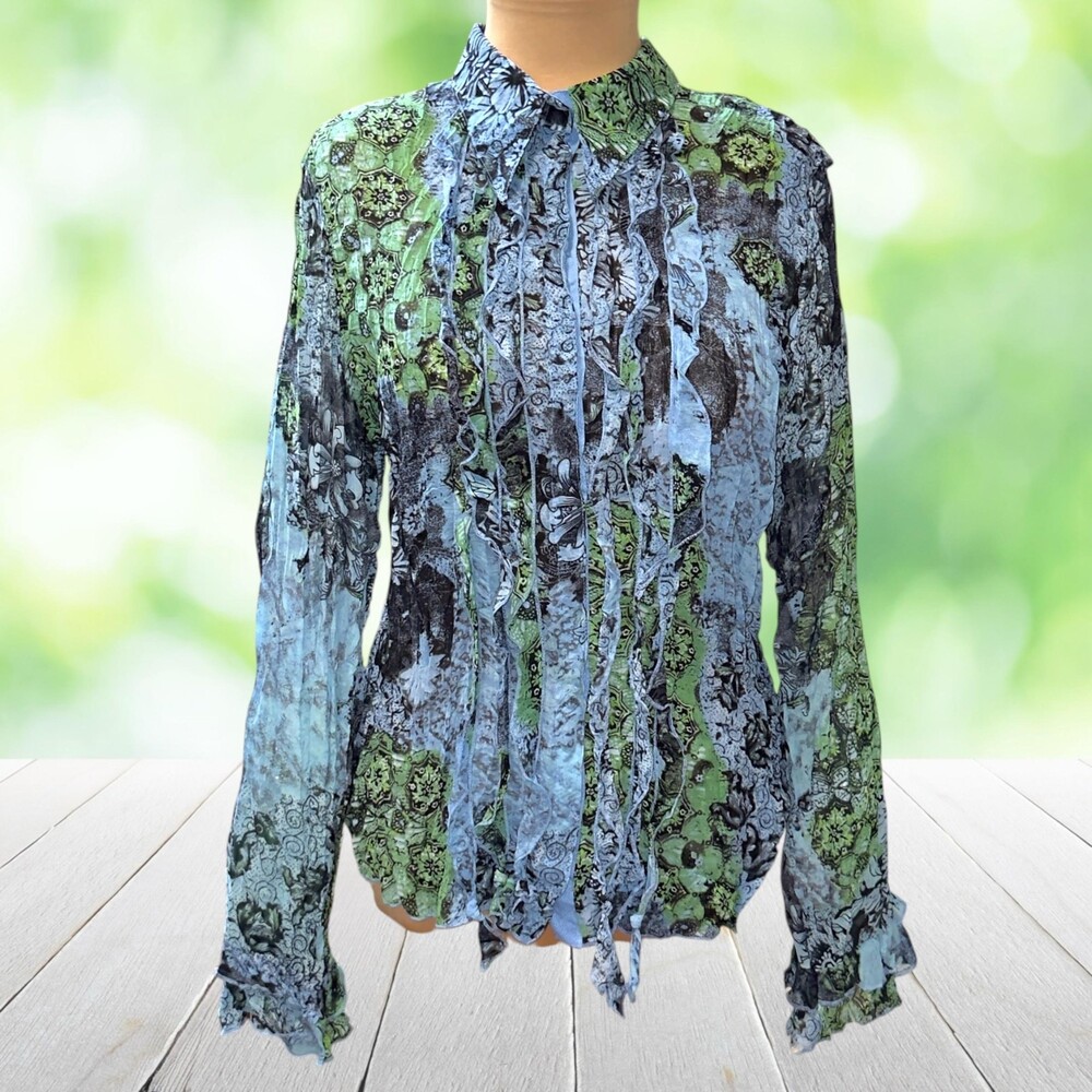 VIOLET & CLAIRE Crinkle Ruffle Blouse Floral Snap Front Romantic Blue Green Sz L